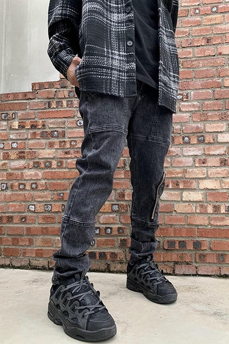 CZ Zipper Pockets Washed Jeans