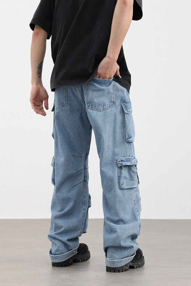 Washed Straight Multi-Pocket Jeans