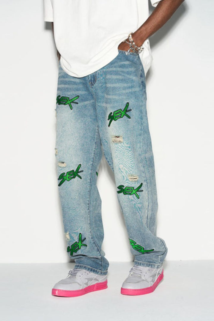 Distressed Embroidered Loose Jeans