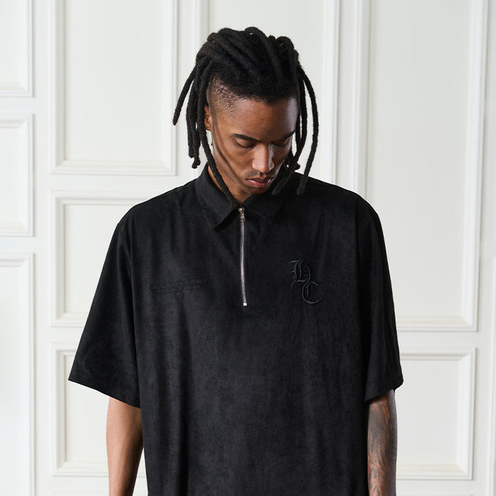 Embossed Gothic Logo Zipper Suede Polo Shirt