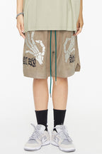 F2CE Skeleton Hands Embroidered Suede Shorts