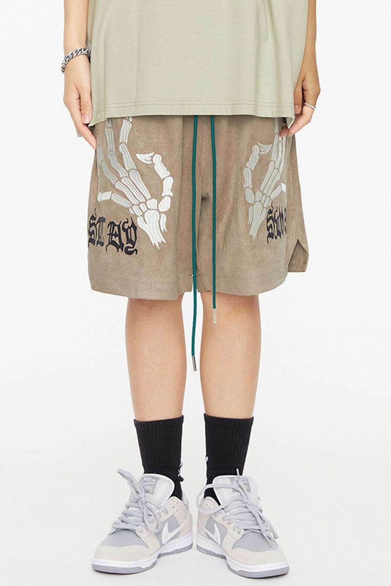 F2CE Skeleton Hands Embroidered Suede Shorts