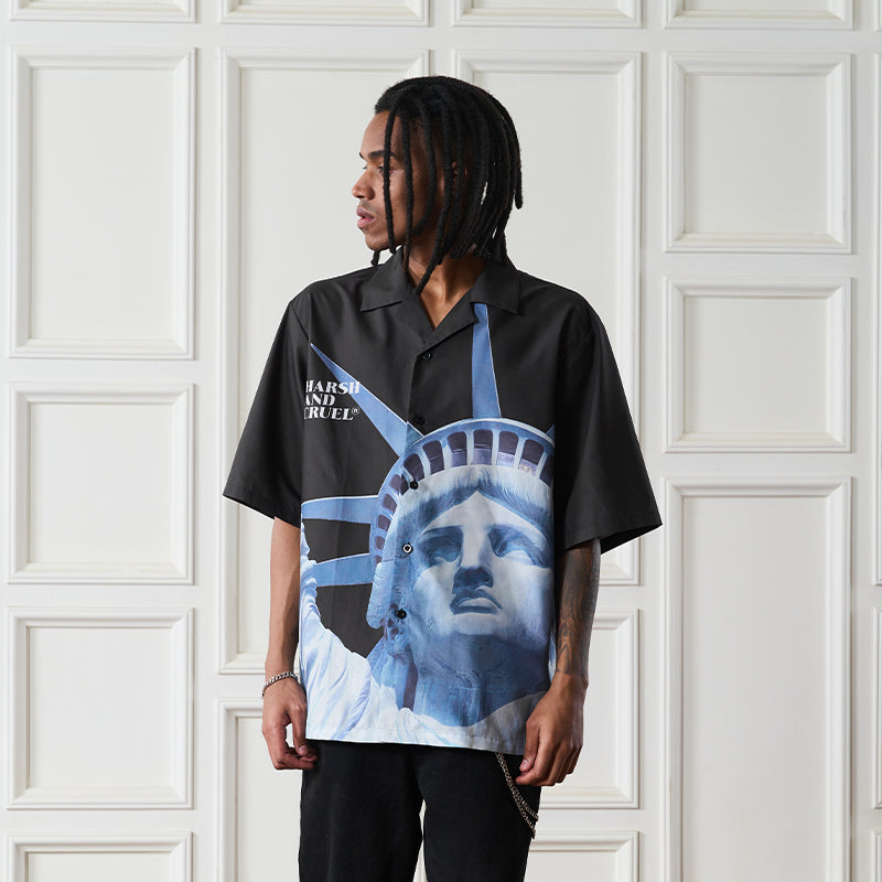 Harsh and Cruel Statue of Liberty Printed Cuban Shirt Black / XL