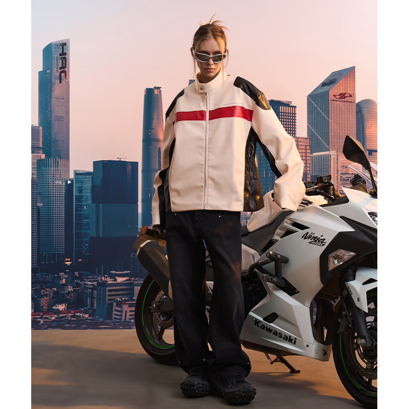 Colorblock Leather Racing Jacket