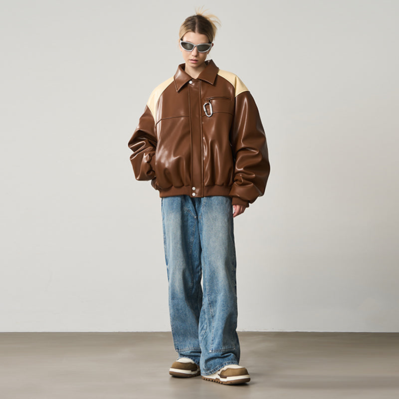 Contrasting Color Stitching Leather Jacket