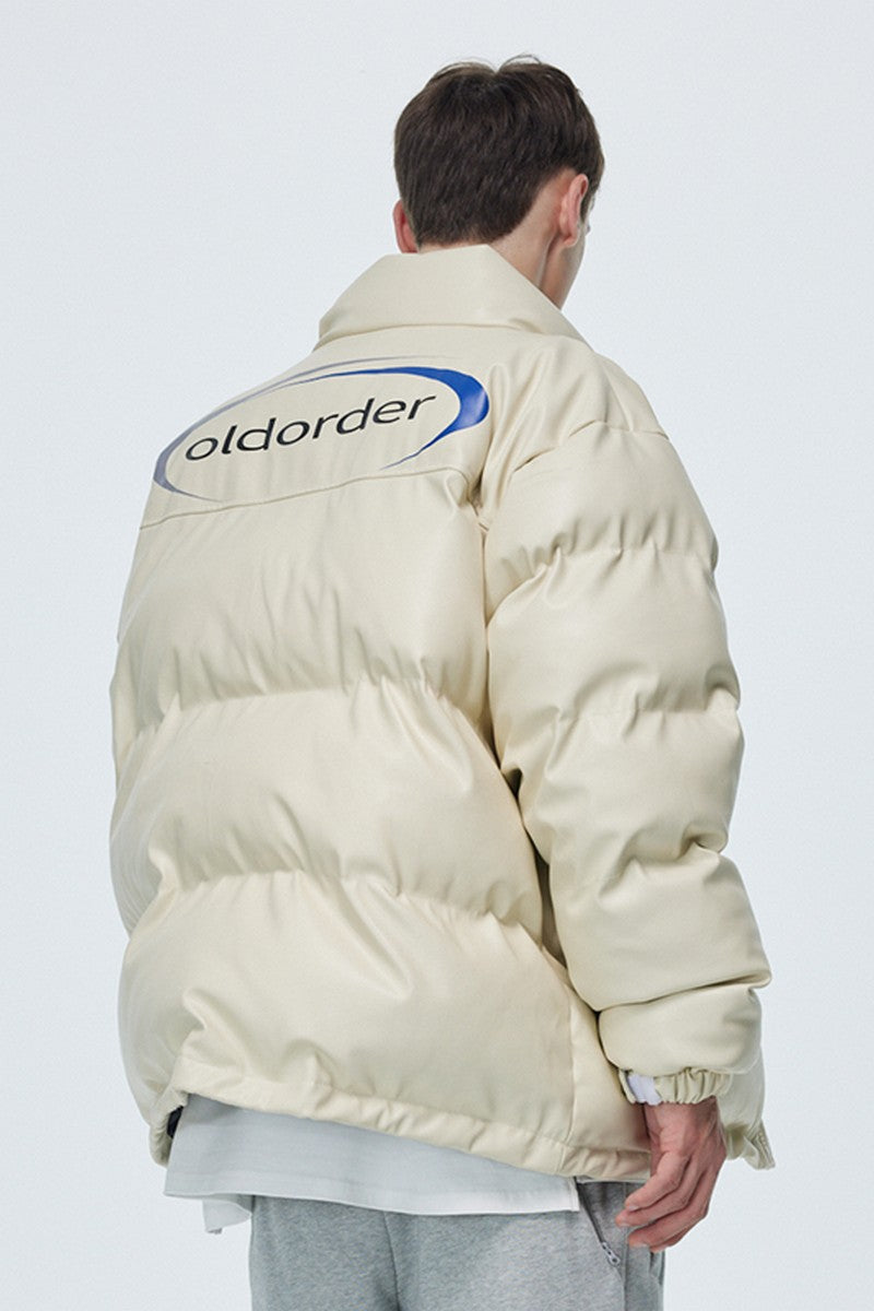 PU Leather Gothic Logo Down Jacket
