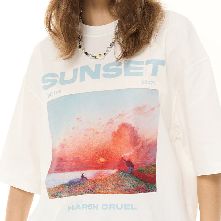 Sunset Oil Painting Round Neck Tee