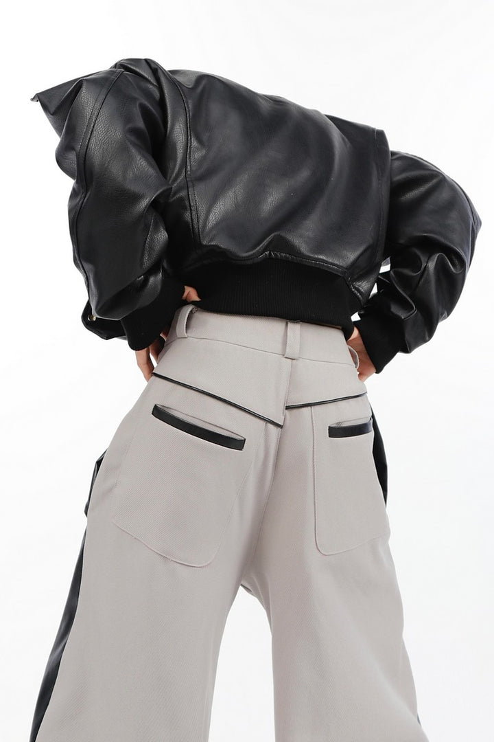 PU Leather Stitched Flared Trousers