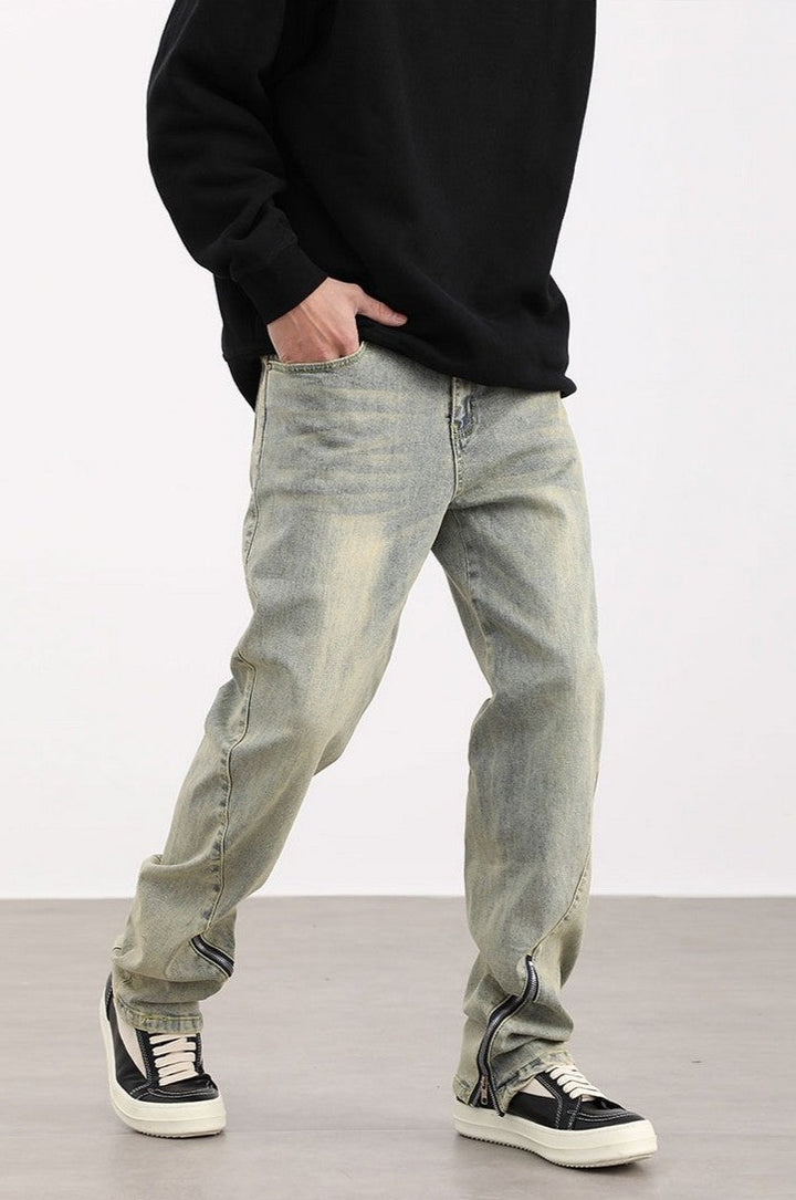Zip Washed Loose Jeans