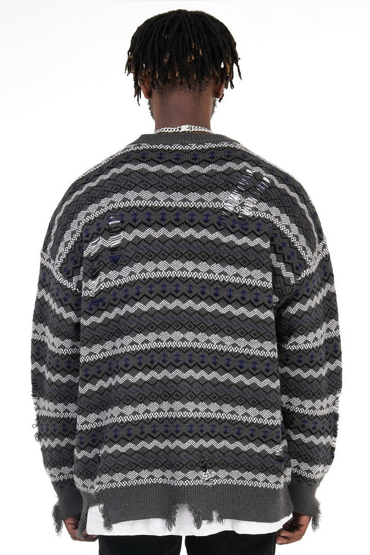 CZ Distressed Striped Knit Sweater