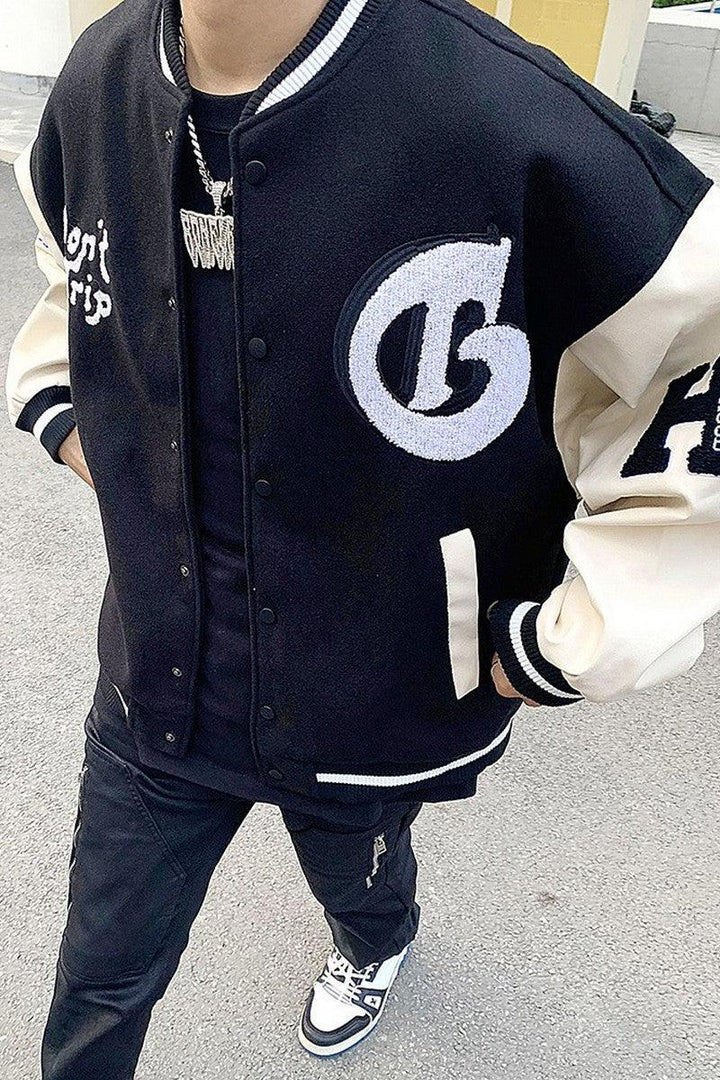 Don't Trip Embroidered Varsity Jacket