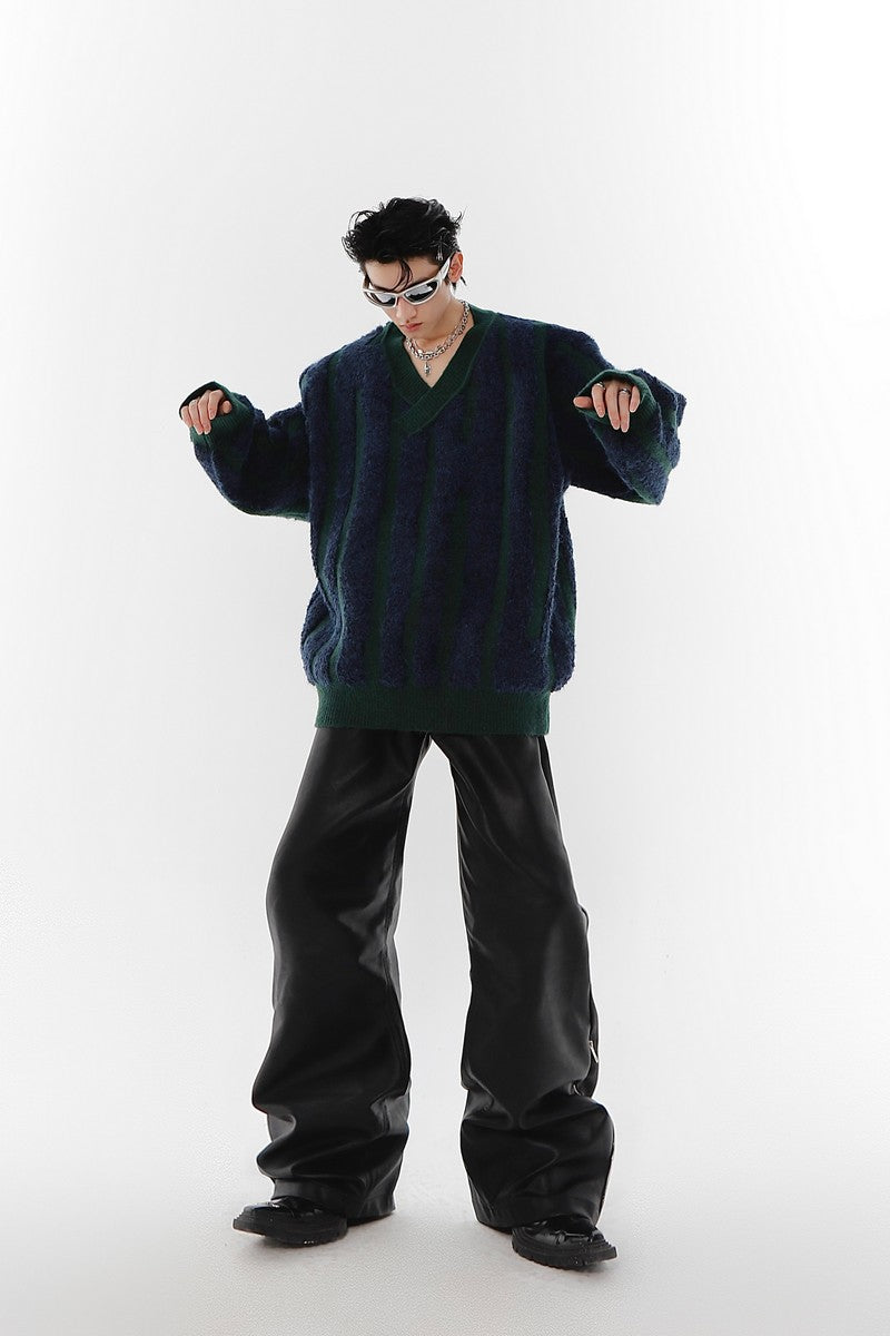 AC Striped V-Neck Knit Sweater