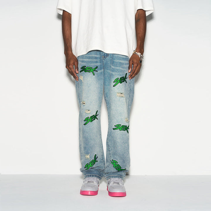 Distressed Embroidered Loose Jeans