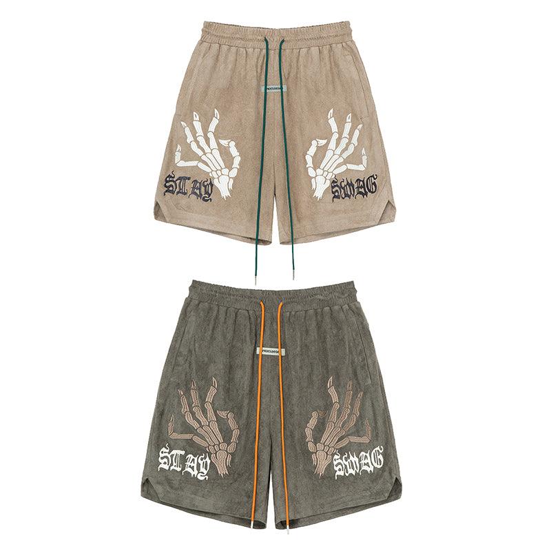F2CE Skeleton Hands Embroidered Suede Shorts