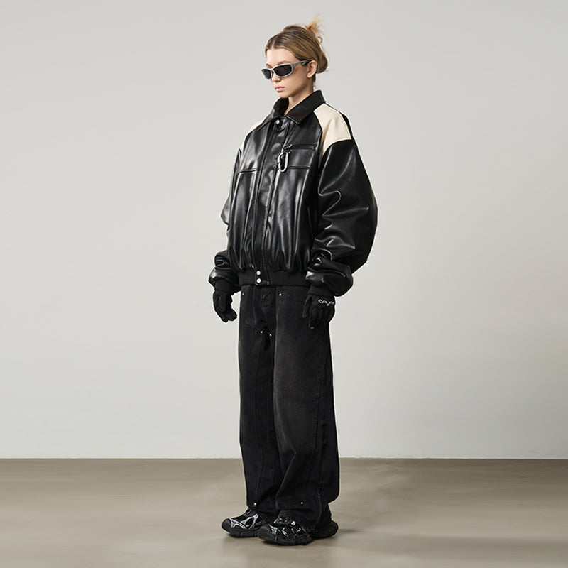 Contrasting Color Stitching Leather Jacket