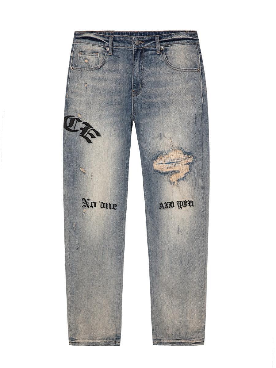 F2CE Distressed Embroidered Straight Jeans