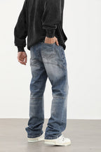 Stitching Washed Straight Jeans