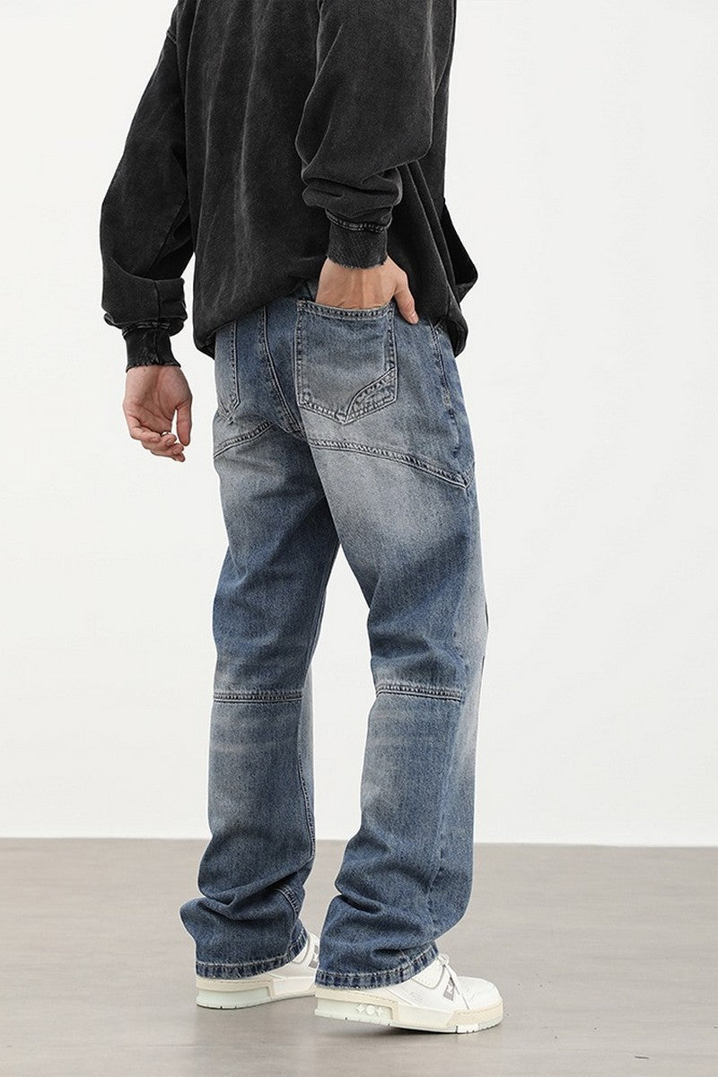 Stitching Washed Straight Jeans