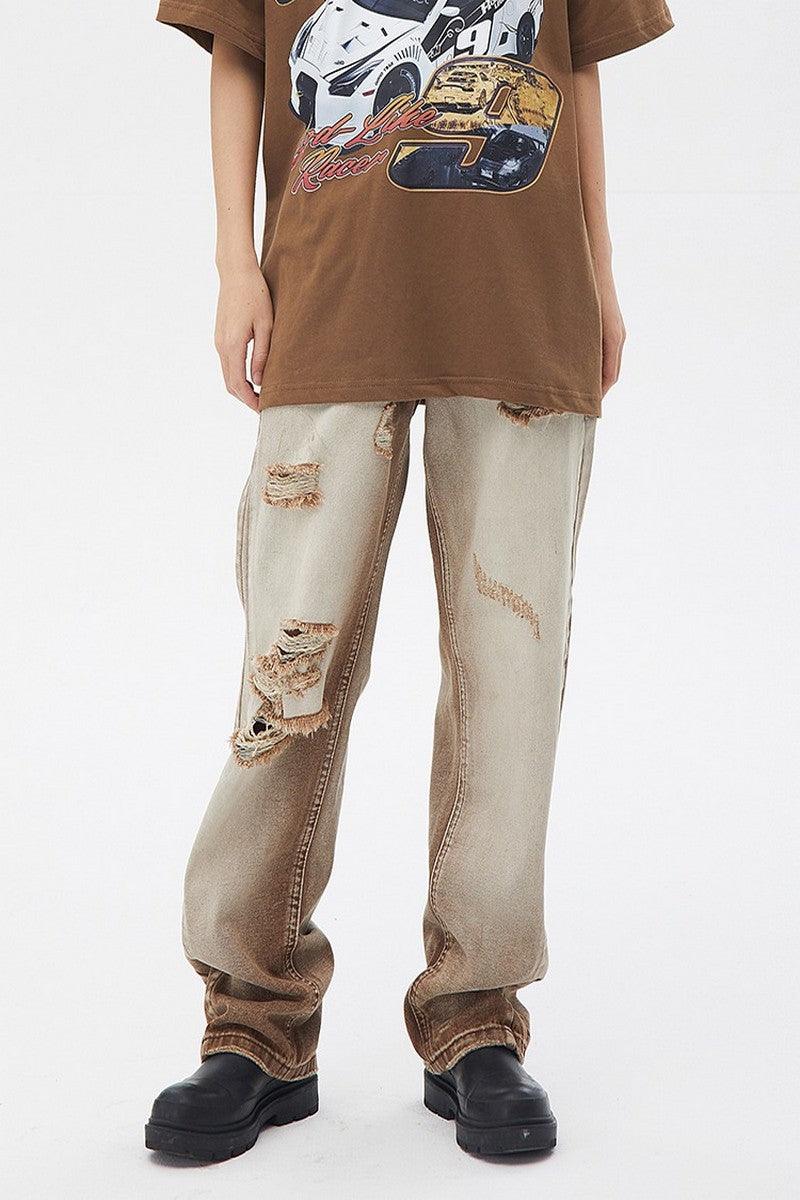 CZ Brown Washed Ripped Loose Jeans