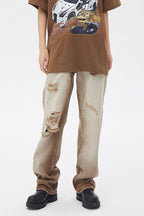 CZ Brown Washed Ripped Loose Jeans