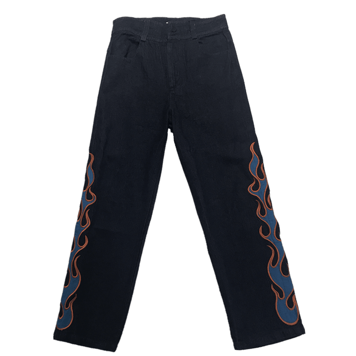 CZ Flame Embroidered Loose Jeans