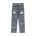 CZ Light Blue Flame Embroidered Jeans
