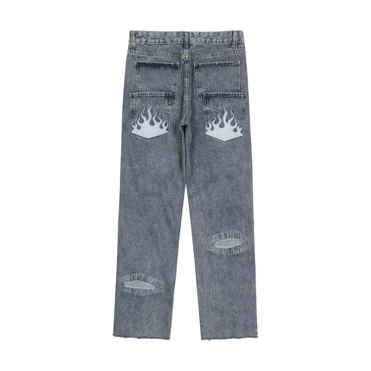 CZ Light Blue Flame Embroidered Jeans