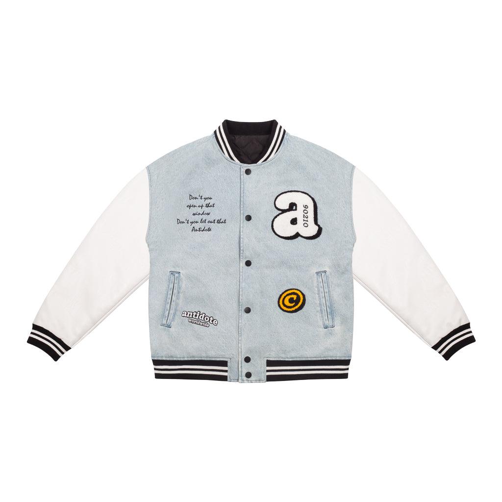 Embroidered Washed Denim Varsity Jacket