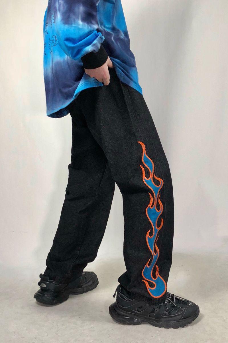 CZ Flame Embroidered Loose Jeans
