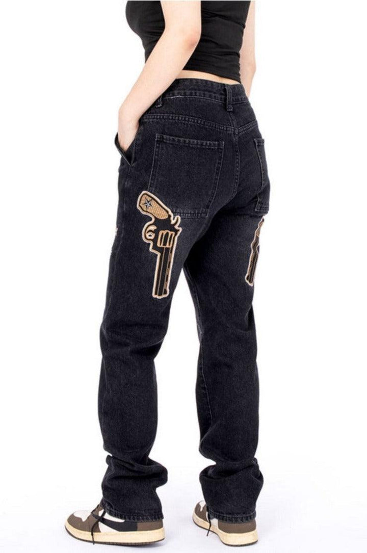 Guns Embroidered Washed Jeans
