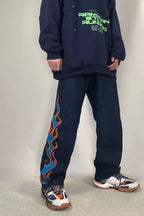 CZ Flame Embroidered Loose Jeans