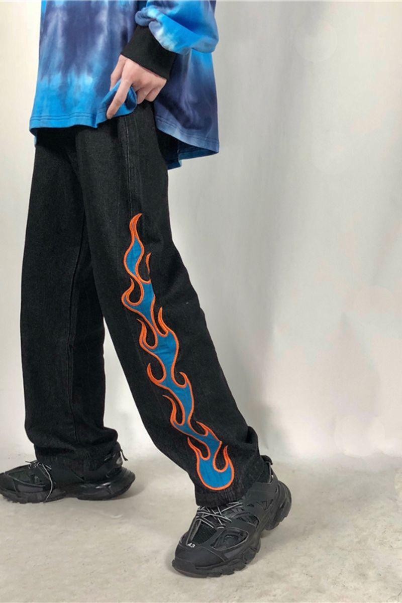 CZ Flame Embroidered Loose Jeans