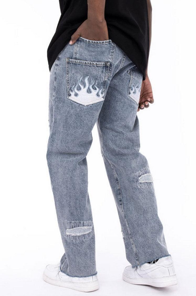 CZ Light Blue Flame Embroidered Jeans
