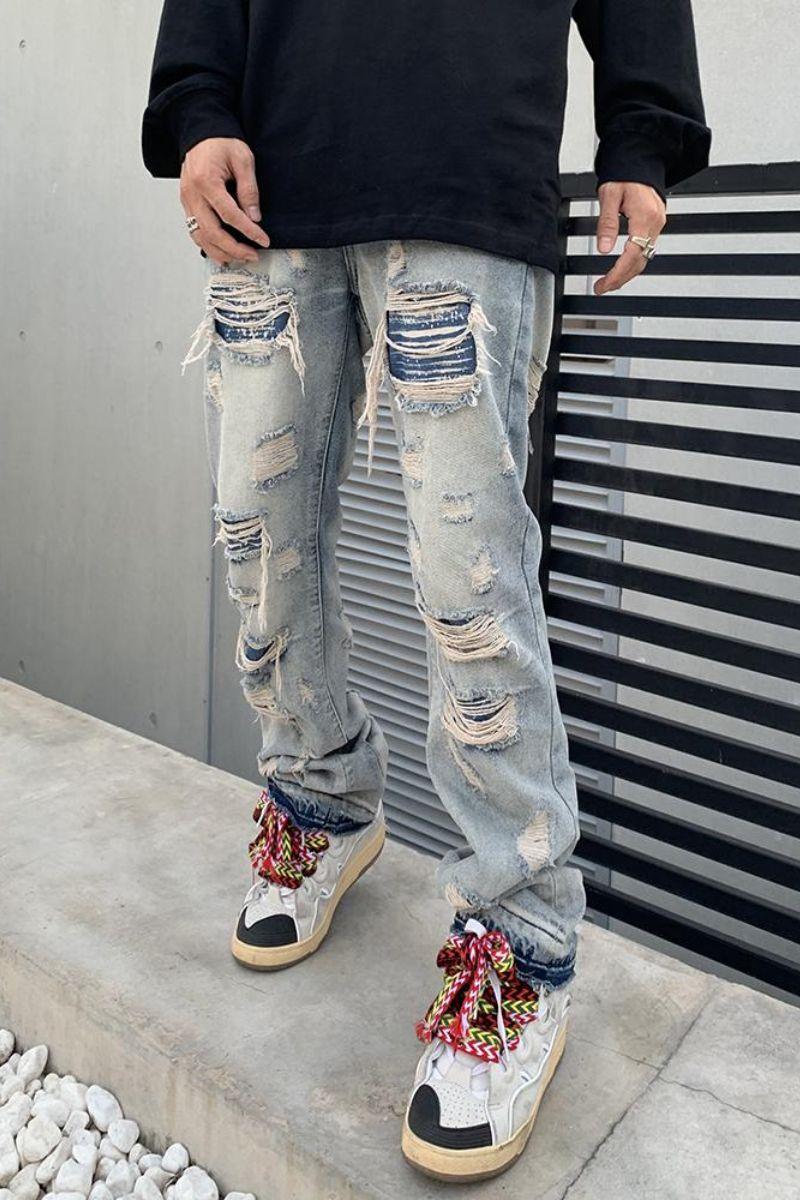 CZ Washed Distressed Flared Jeans