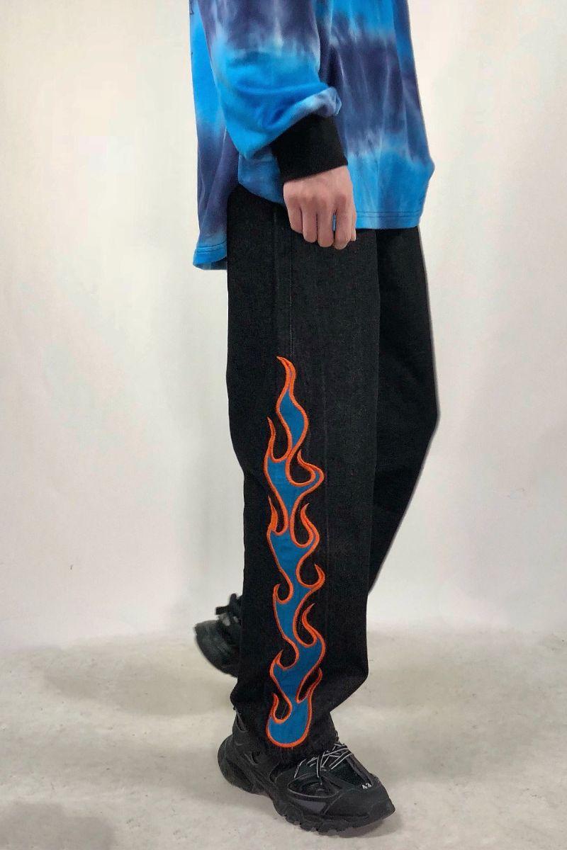 CZ Flame Embroidered Loose Denim