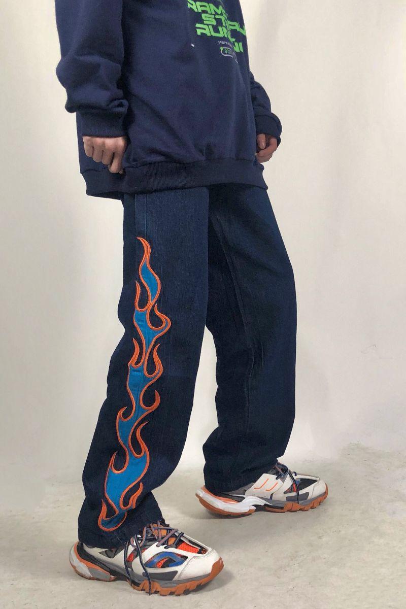 CZ Flame Embroidered Loose Jeans
