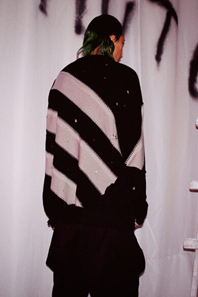 CZ Striped Distressed Black Sweater