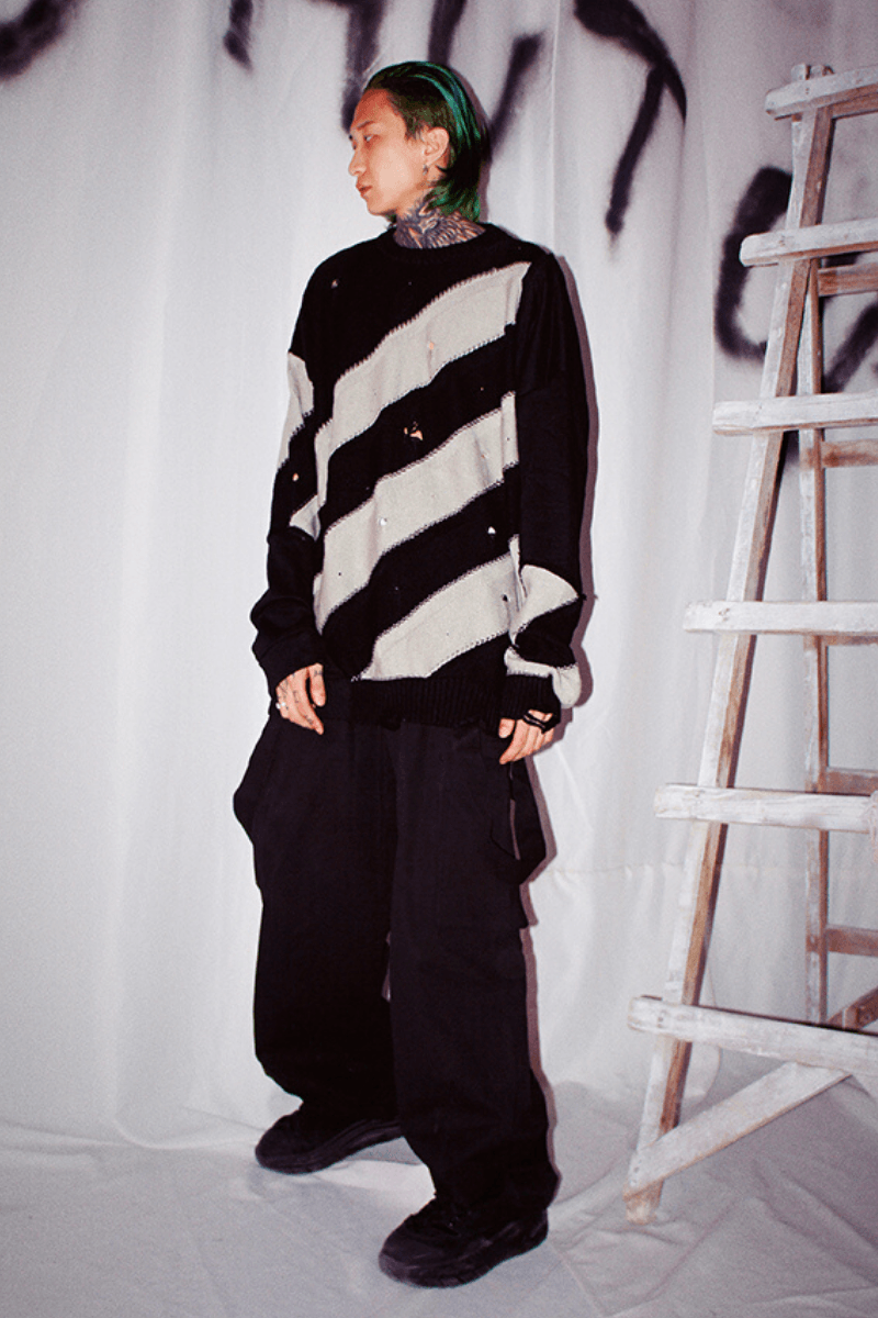 CZ Striped Distressed Black Sweater