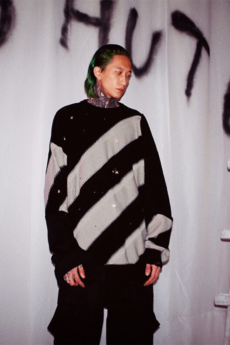 CZ Striped Distressed Black Sweater