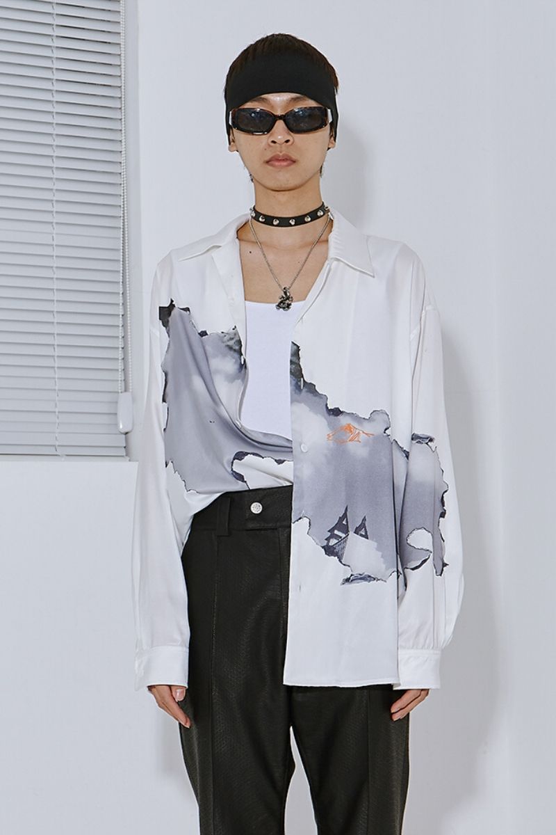 Mix7 White Print Cuban L/S Shirt