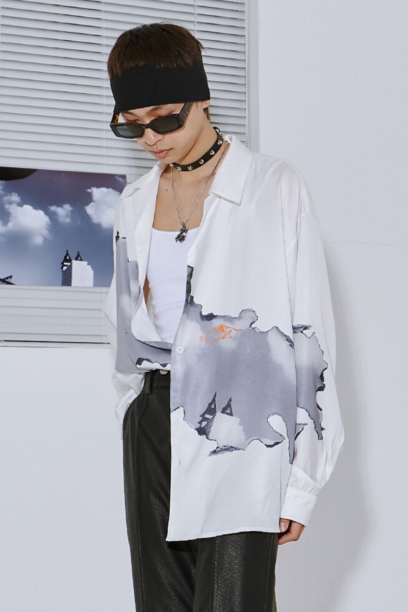 Mix7 White Print Cuban L/S Shirt