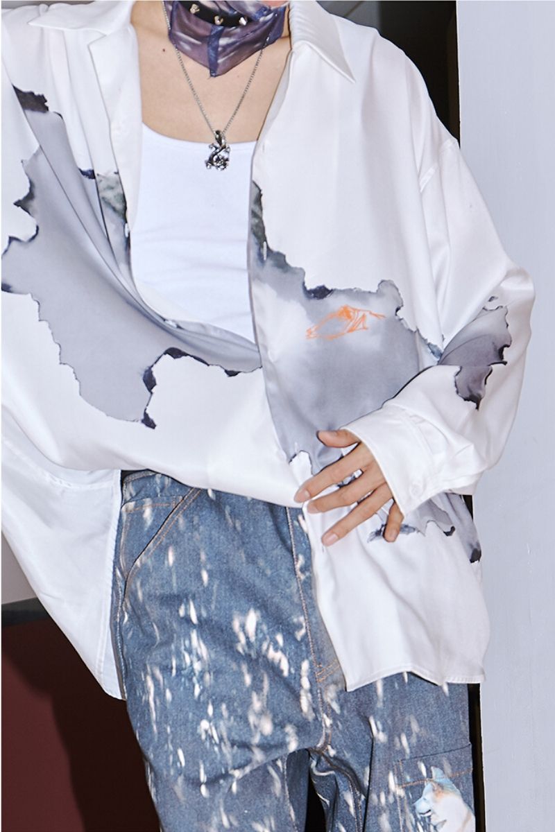 Mix7 White Print Cuban L/S Shirt