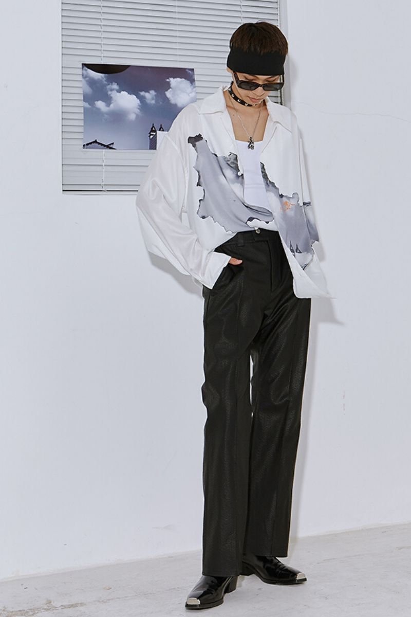 Mix7 White Print Cuban L/S Shirt