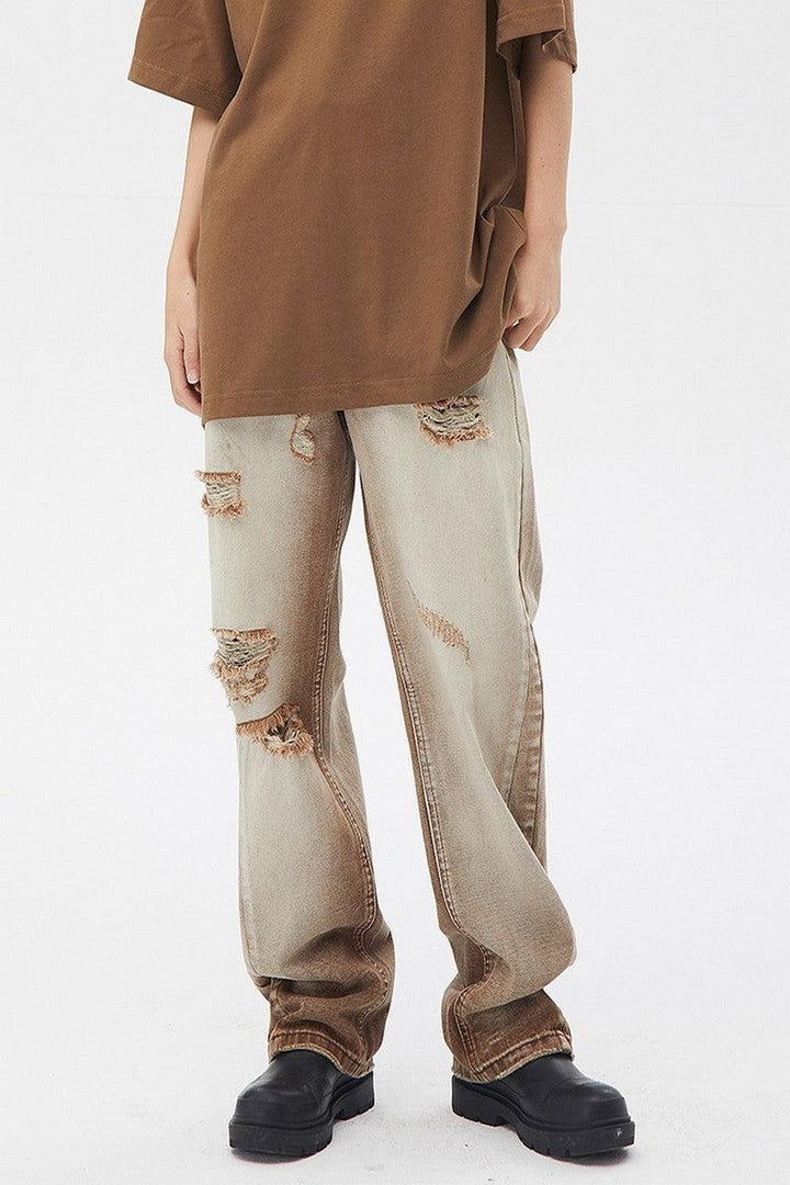 CZ Brown Washed Ripped Loose Jeans