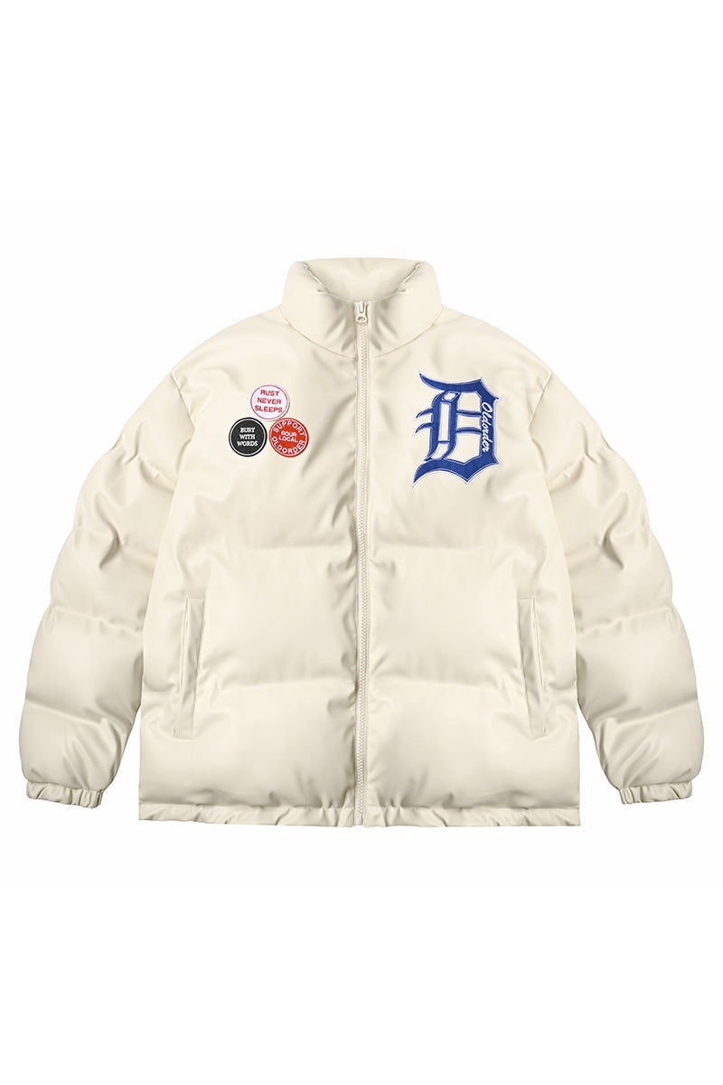 PU Leather Gothic Logo Down Jacket